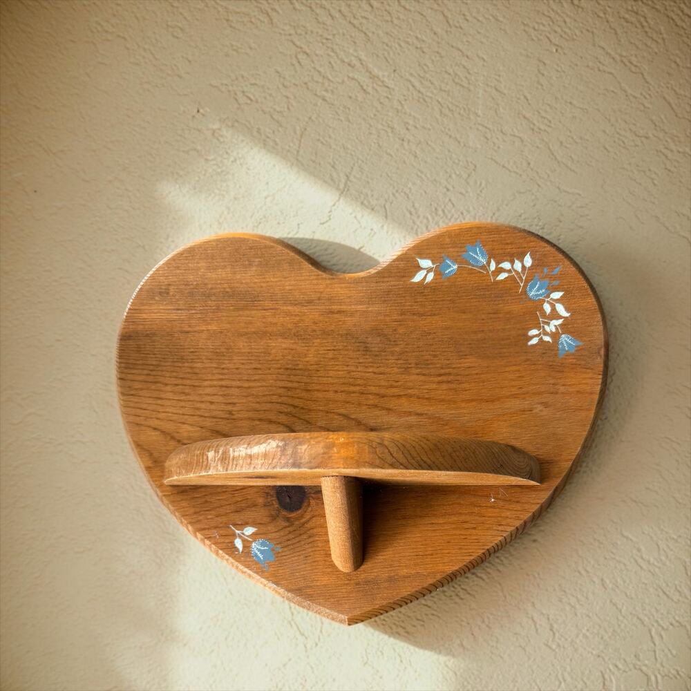 Vintage Wood Heart Wall Shelf Blue Tulip Stencil 1980s Country Cottage Folk Art